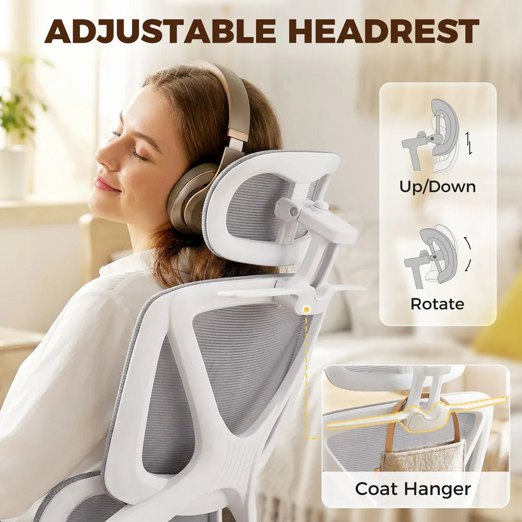 HOMCOM Ergonomic Office Chair with Adjustable Headrest, Lumbar Support & Legrest – Reclining Mesh Chair, Grey