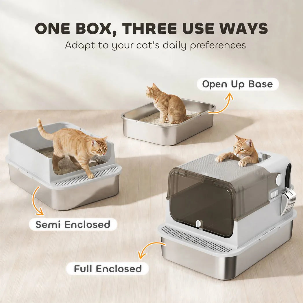 PawHut XXL Stainless Steel Cat Litter Box with 90° Flip Cover, Double Doors & Scoop – Enclosed, Grey