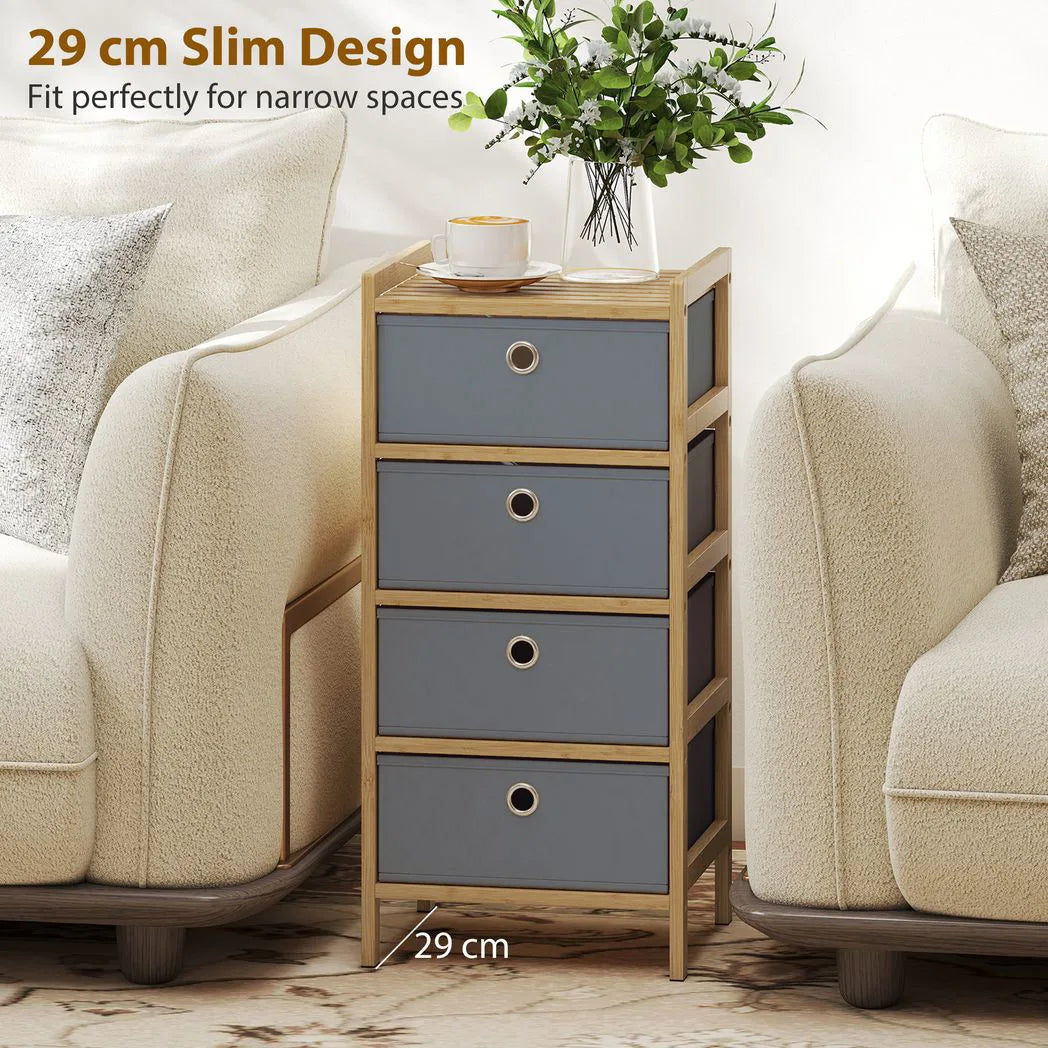 HOMCOM Chest of Drawers with 4 Fabric Drawers – Narrow Bedroom Dresser with Bamboo Frame, Light Grey