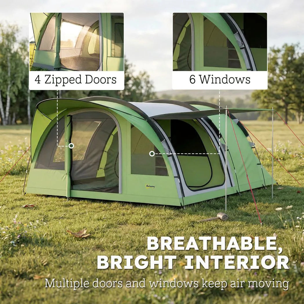 Outsunny 4 Person Family Camping Tent with 2 Rooms & Sewn-In Groundsheet – Waterproof Tunnel Tent, Green & Grey