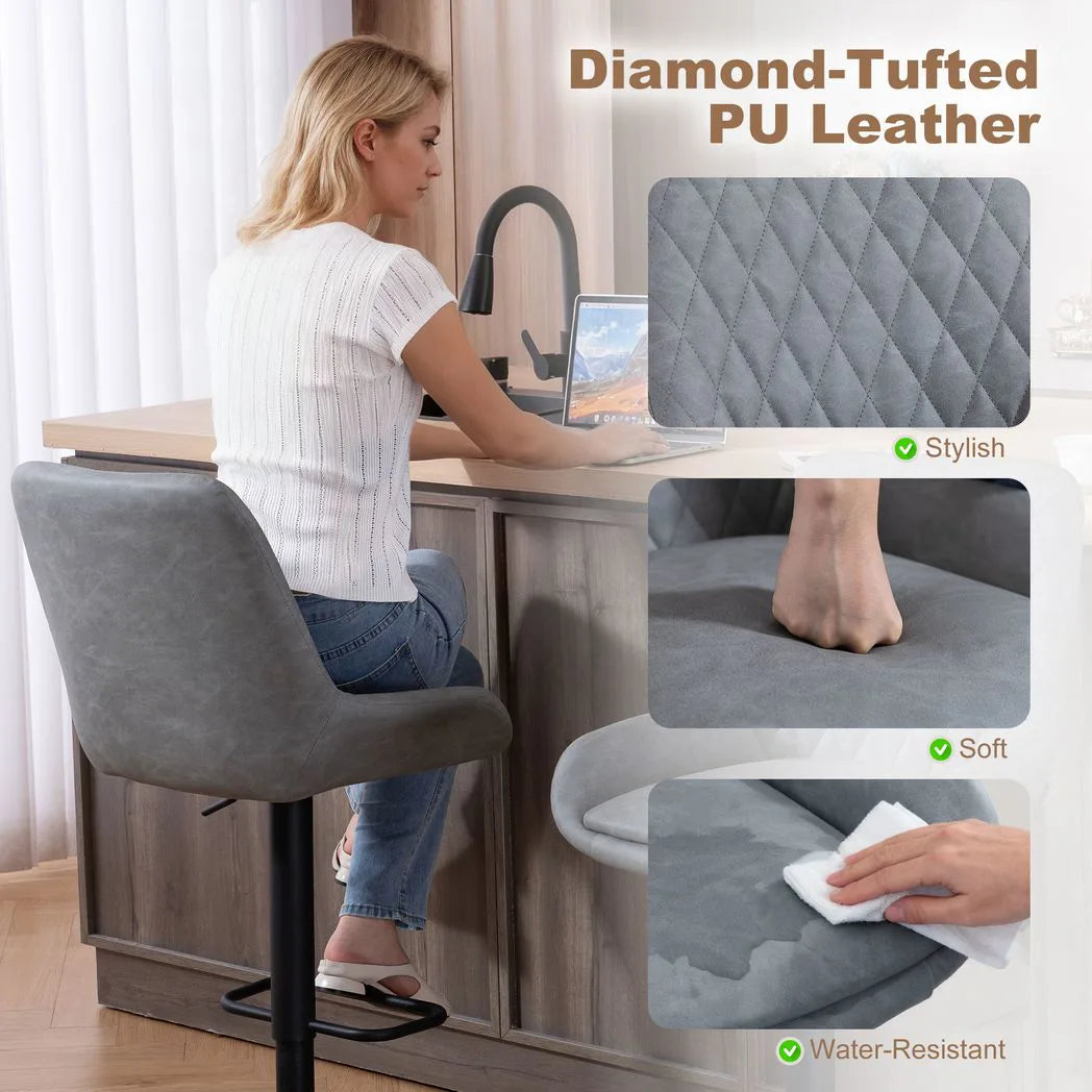 HOMCOM Set of 2 Retro Faux Leather Bar Stools with Swivel Seat & Adjustable Height – Diamond Tufted, Light Grey