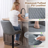 HOMCOM Set of 2 Retro Faux Leather Bar Stools with Swivel Seat & Adjustable Height – Diamond Tufted, Light Grey
