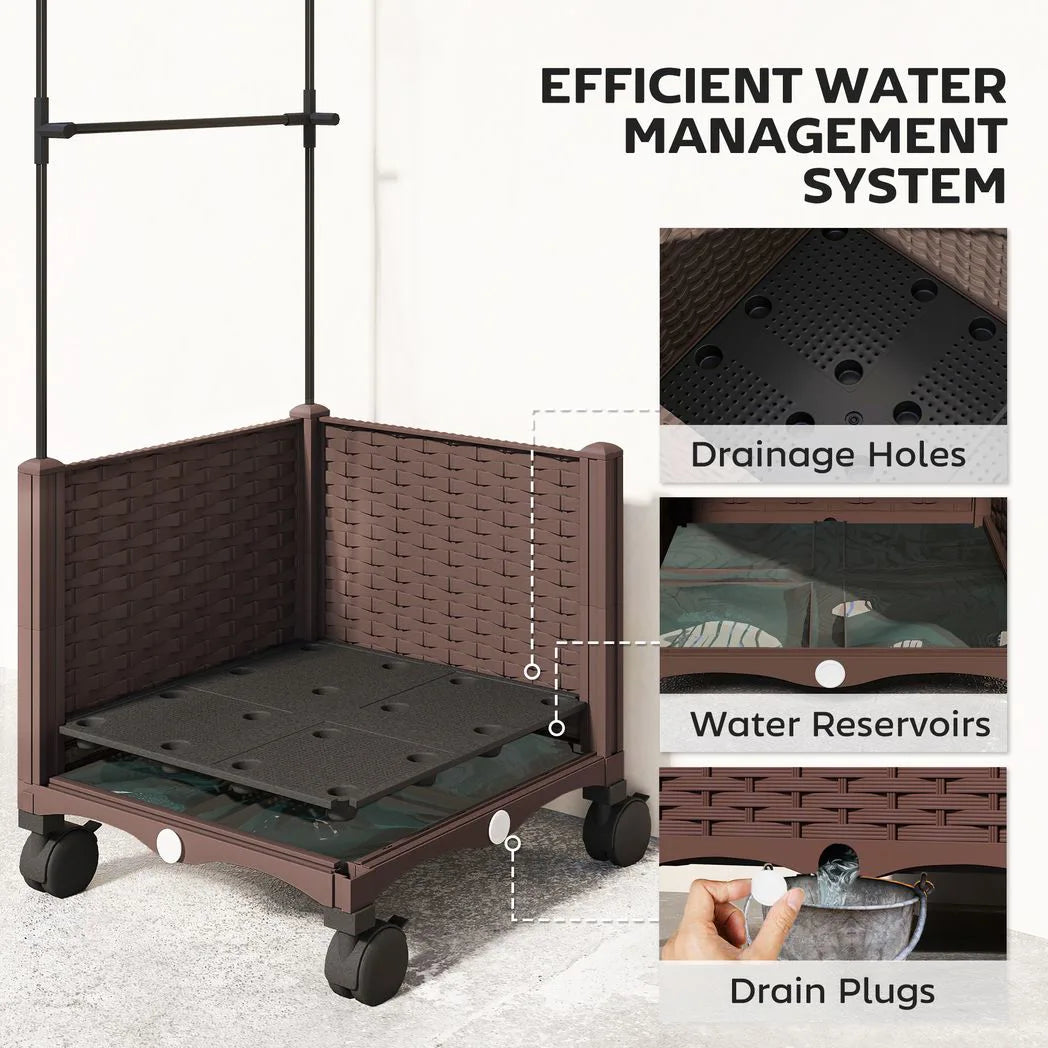 Outsunny Self-Watering Raised Garden Bed with Trellis & Lockable Wheels – 40 x 40 x 182cm, Brown
