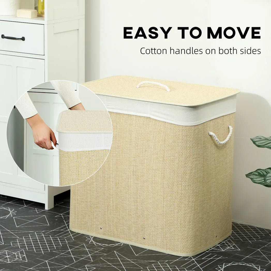HOMCOM 3 Section Laundry Basket with Lid, 144L Bamboo Laundry Hamper with Handles and Liner, Cream White