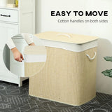 HOMCOM 3 Section Laundry Basket with Lid, 144L Bamboo Laundry Hamper with Handles and Liner, Cream White