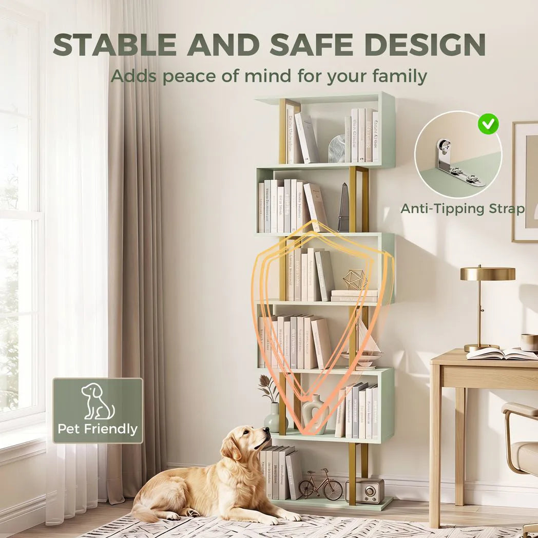 HOMCOM S-Shaped 6-Tier Bookshelf with Anti-Tip Strap – Freestanding Open Display Shelves for Living Room, Light Green