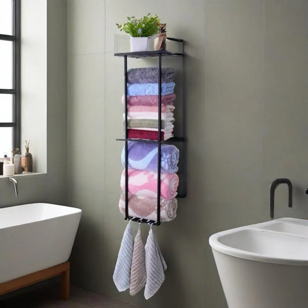 Wall Mounted Towel Rack, 3-Tier Self-Adhesive Matte Black Carbon Steel Bathroom Storage Shelf – 74cm Tall