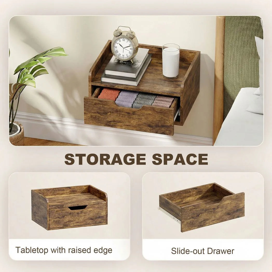 HOMCOM Floating Nightstands Set of 2 with Sliding Drawer, Wall Mounted Bedside Tables for Bedroom, Rustic Brown