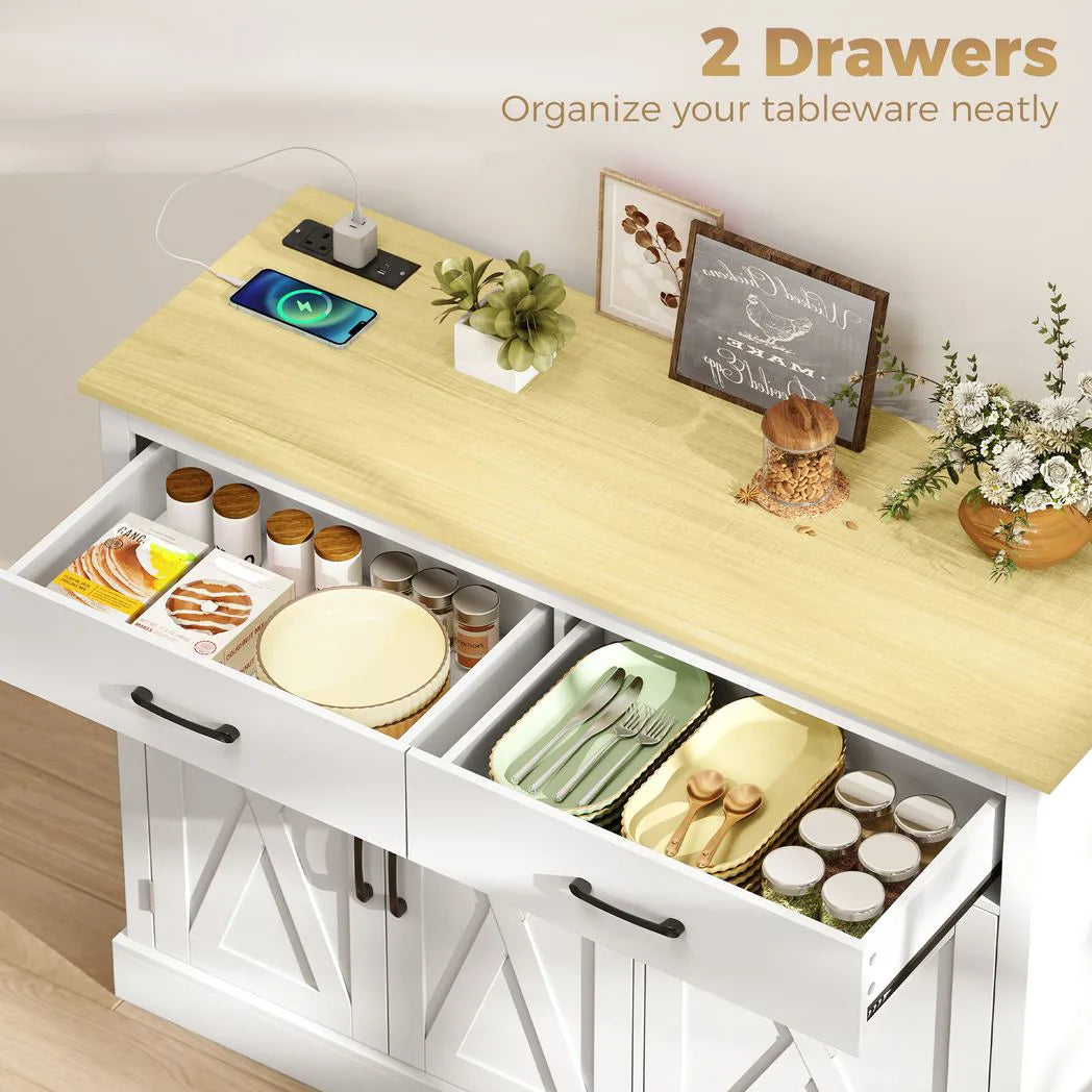 HOMCOM Tilt Out Bin Cabinet with Charging Station, 2 Drawers & Door Racks – Kitchen Island with 57L Hidden Storage, White