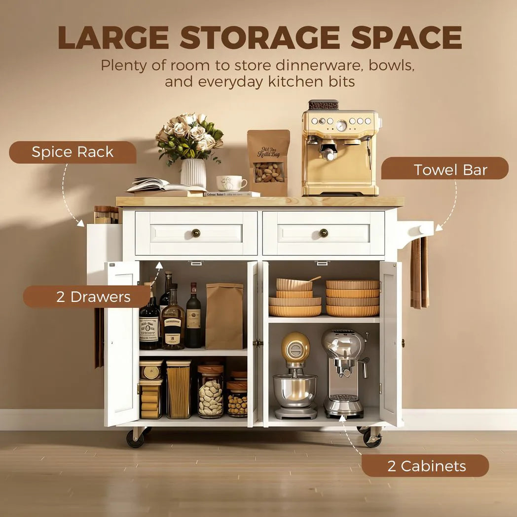 HOMCOM Kitchen Island on Wheels with Rubberwood Top, Drawers and Adjustable Shelves – Rolling Storage Trolley, Cream White