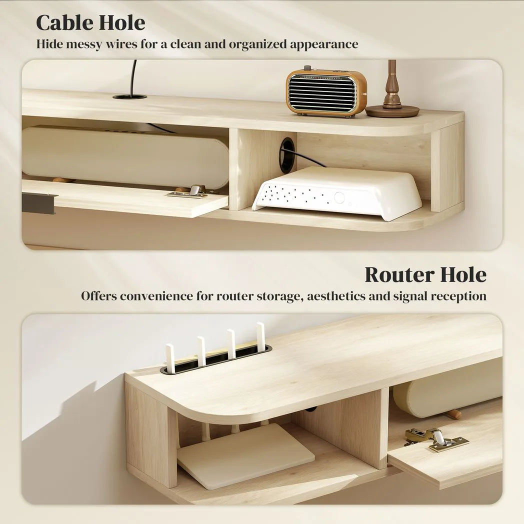 HOMCOM 120 cm Floating TV Unit with Flip Drawer & Cable Management – Wall Mounted for TVs up to 50 Inch, Natural