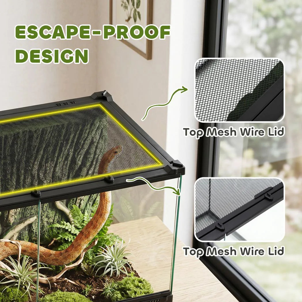 PawHut Reptile Glass Terrarium with Stone Background, Front Ventilation and Knob Lock, 50 x 30 x 35 cm, Black