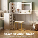 HOMCOM L-Shaped Dressing Table with LED Mirror, Stool, 5 Drawers and Glass Shelves – Bedroom Vanity, White