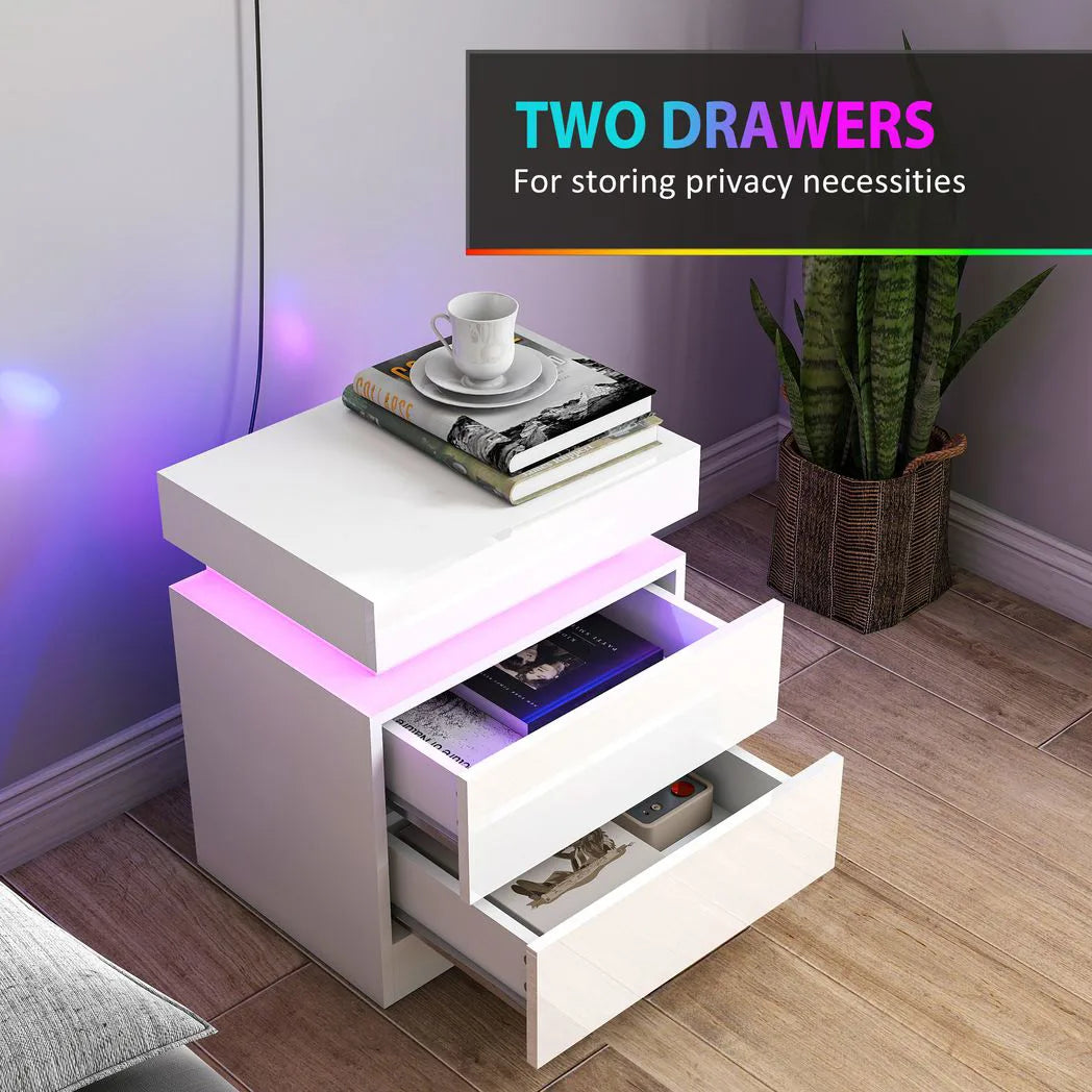 HOMCOM Set of 2 White Bedside Tables with LED Light and 2 Drawers – High Gloss Nightstands for Bedroom