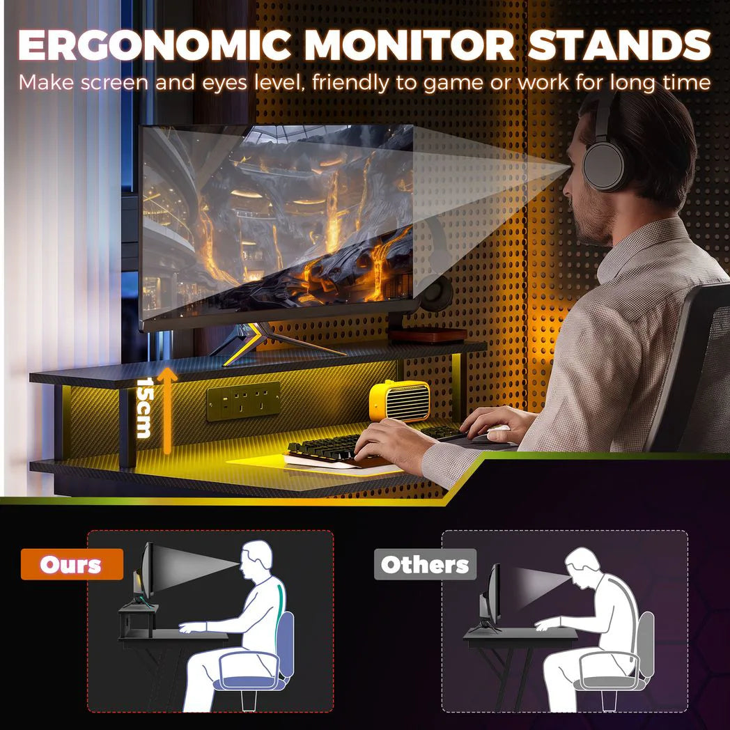 HOMCOM Two-Level LED Gaming Desk with Carbon Fibre Top, Power Outlets & USB Ports – Black Computer Desk