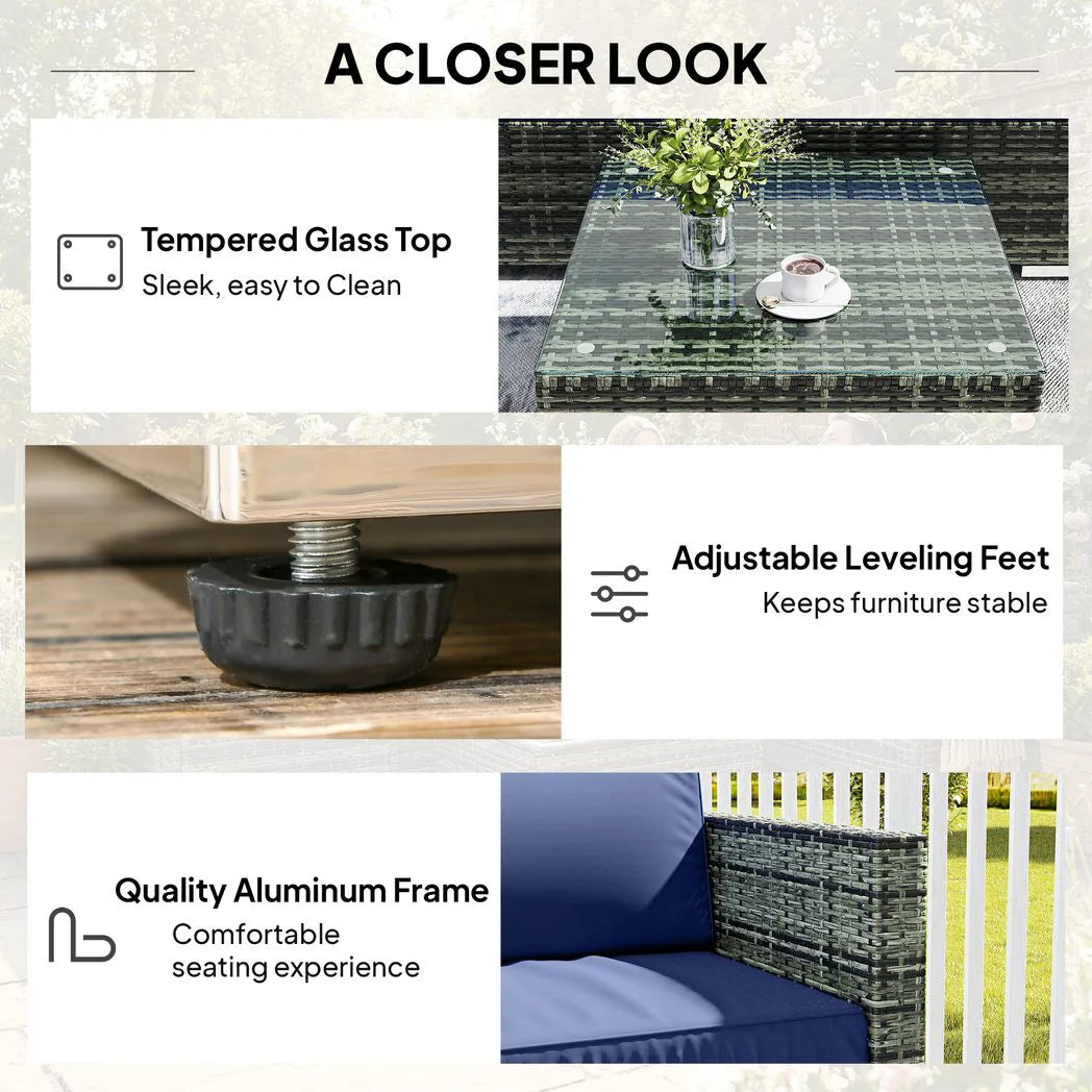 Outsunny 4 Piece Rattan Garden Corner Sofa Set with Glass-Top Coffee Table & Cushions, Blue