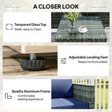Outsunny 4 Piece Rattan Garden Corner Sofa Set with Glass-Top Coffee Table & Cushions, Blue