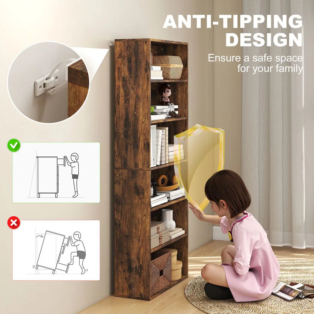 HOMCOM Six Shelf Bookcase with Adjustable Shelves and Anti-Tip Kit – Display and Storage Unit, Rustic Brown
