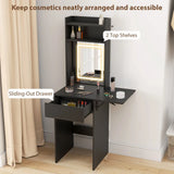HOMCOM Small Vanity Desk with LED Mirror, Drop Leaf, Open Shelves and Drawer – Compact Dressing Table, Black