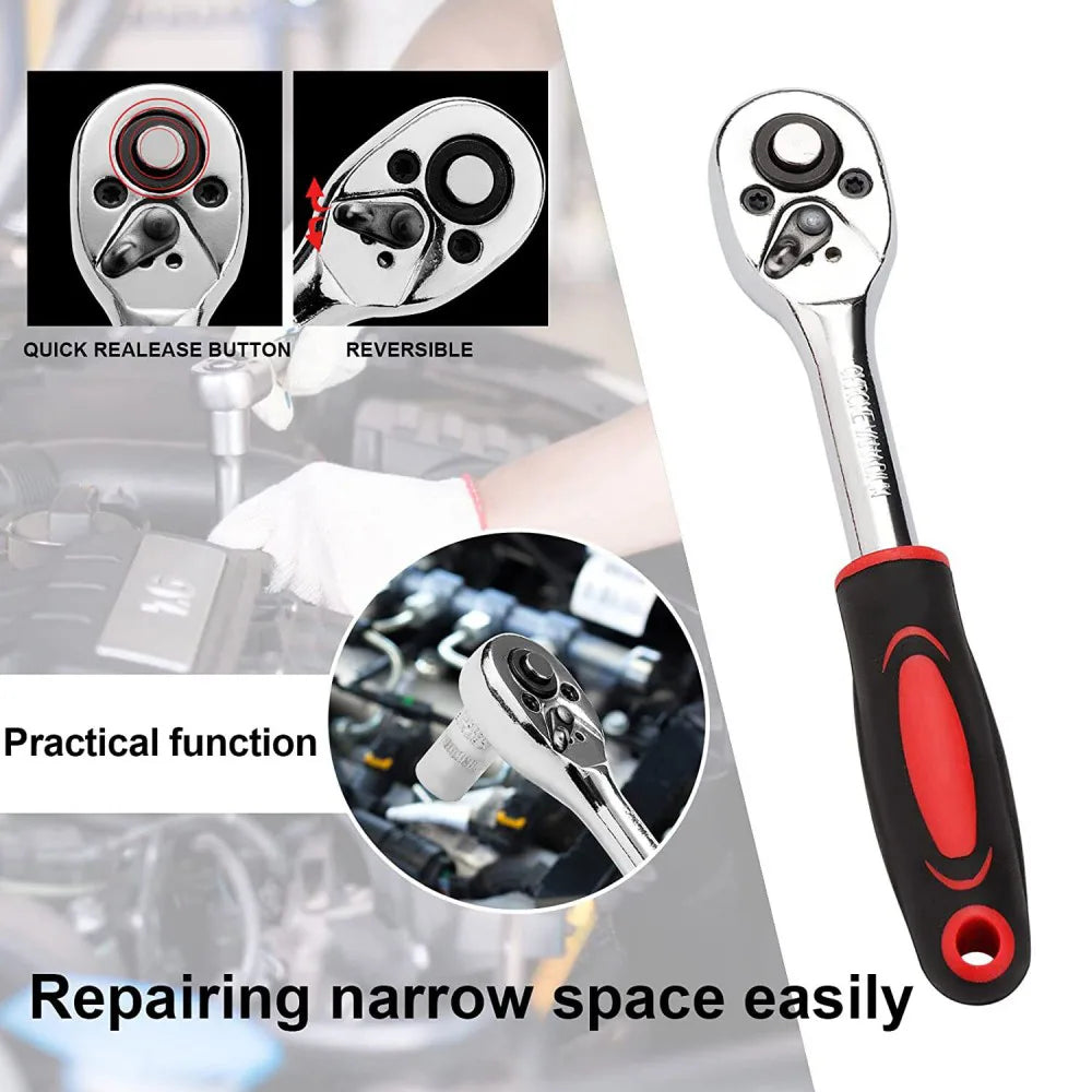 46-Piece Metric 1/4" Drive Ratchet Socket and Bit Set with Torx & Hex Bits – Quick-Release Tool Kit with Case