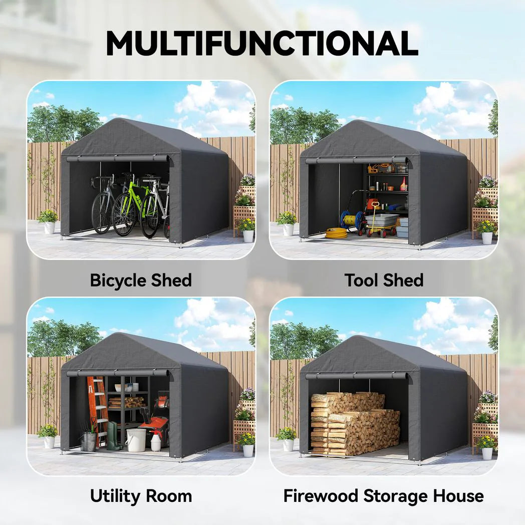 Outsunny 6.6 x 7.8ft Portable Storage Shed with Roll-Up Zipper Door – Waterproof Bike Tent, Dark Grey