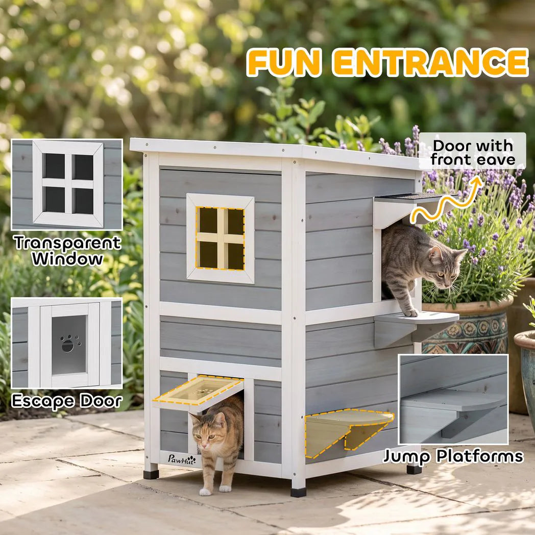 PawHut Wooden 2-Floor Outdoor Cat House with 3 Doors, Window and Asphalt Roof – Kitten Shelter, Grey