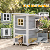 PawHut Wooden 2-Floor Outdoor Cat House with 3 Doors, Window and Asphalt Roof – Kitten Shelter, Grey