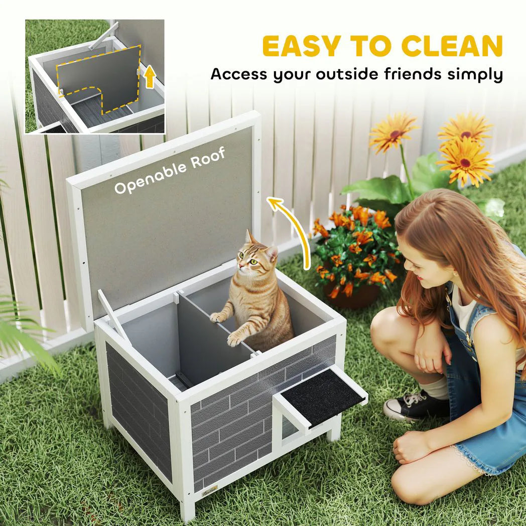 PawHut Outdoor Cat House with Insulation and Openable Roof – Weatherproof Shelter for Cats, Grey
