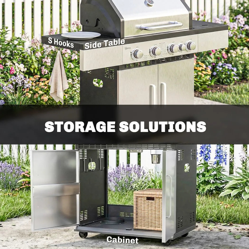 Outsunny 4 Burner Gas BBQ Grill with Side Burner, Warming Rack, Side Shelf & Storage Cabinet – Portable Propane Barbecue