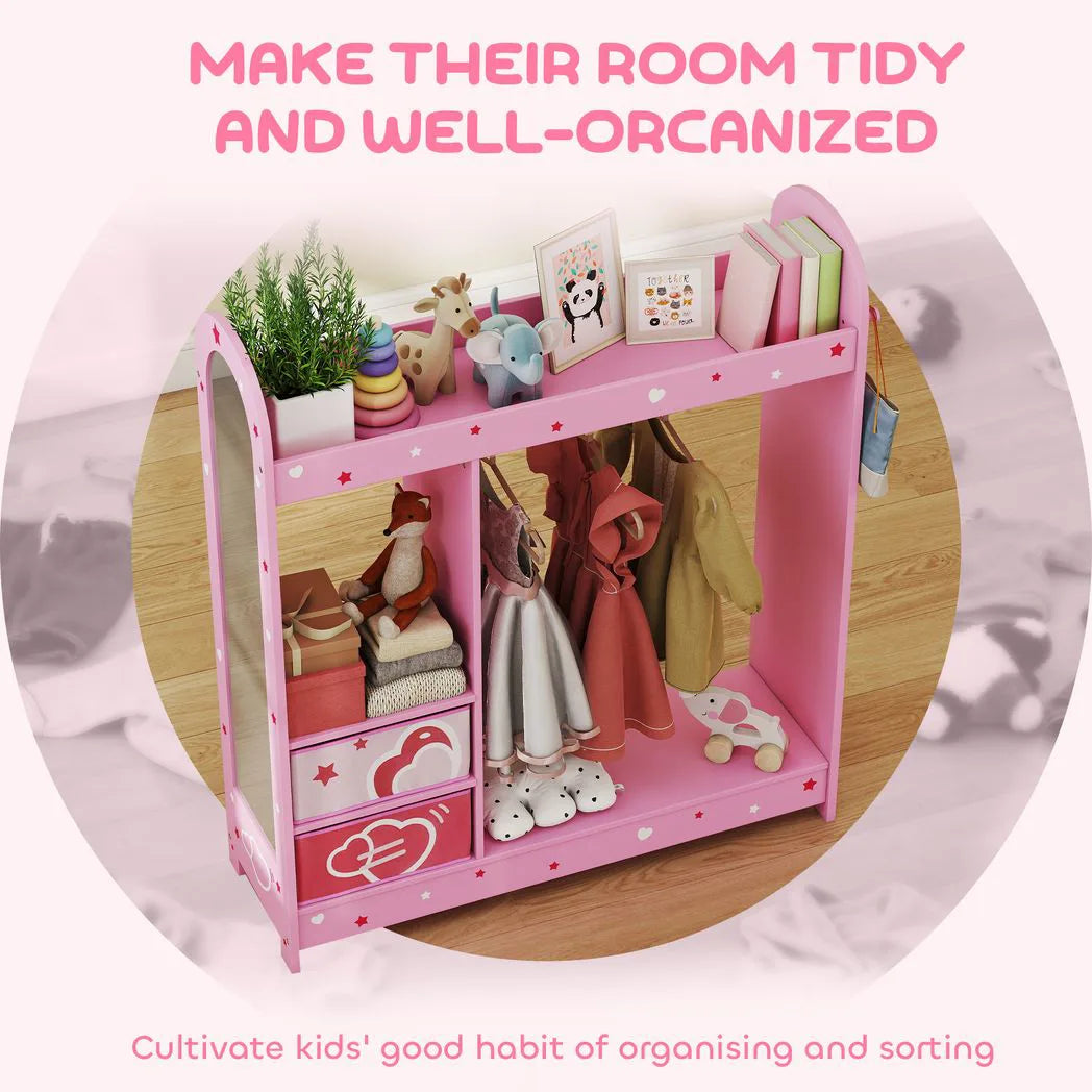 AIYAPLAY Kids Clothes Rail Wardrobe with Mirror, Shelves, Fabric Storage Boxes and Hooks – Bedroom and Nursery Storage, Pink