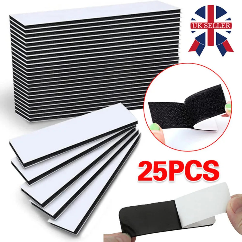 25 Pack Heavy Duty Self-Adhesive Hook-and-Loop Strips, 3 x 10cm – No-Nails Picture Hanging Tape, Black