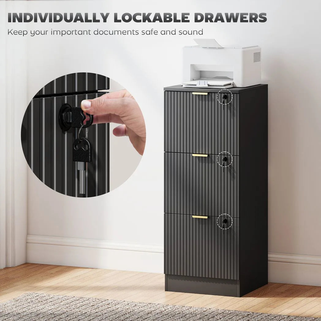 HOMCOM Filing Cabinet with 3 Lockable Drawers and Hanging Rails – Fluted Vertical A4 File Storage, Black