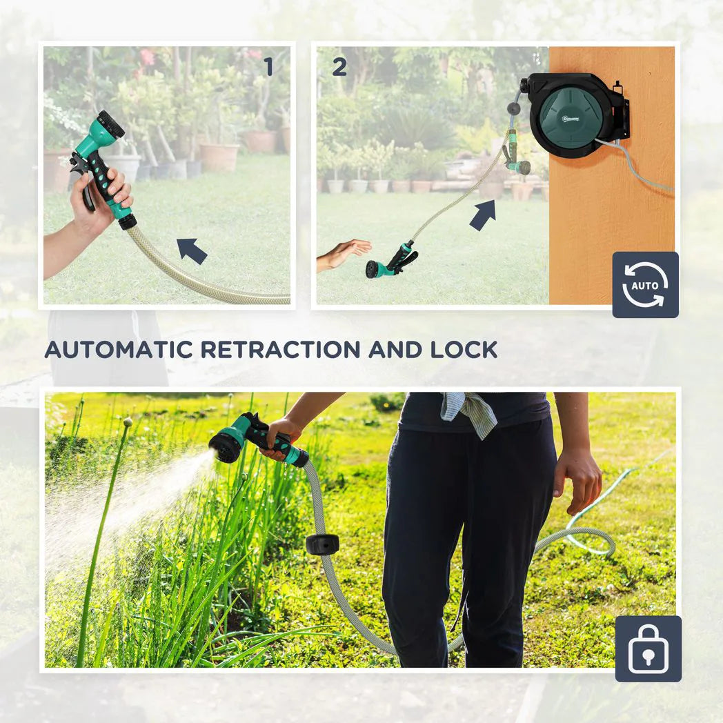 Outsunny 30m Retractable Wall-Mounted Hose Reel with Auto Rewind, Lock & 7-Pattern Nozzle – 180° Swivel, Green