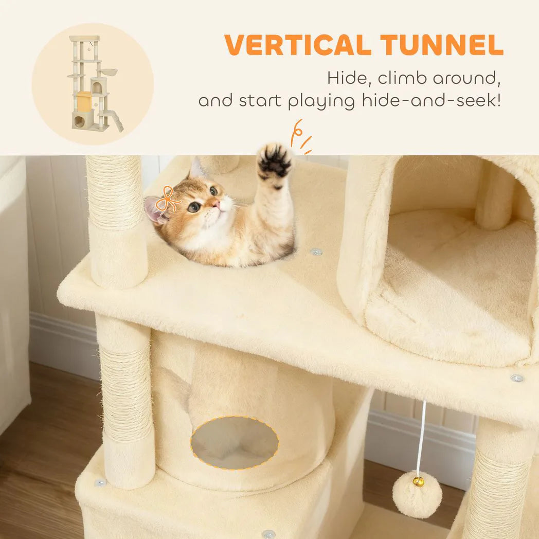 PawHut 170cm Large Cat Tree with 7 Scratching Posts, Tunnel, 2 Condos, Hammock & Perch – Cat Tower, Beige