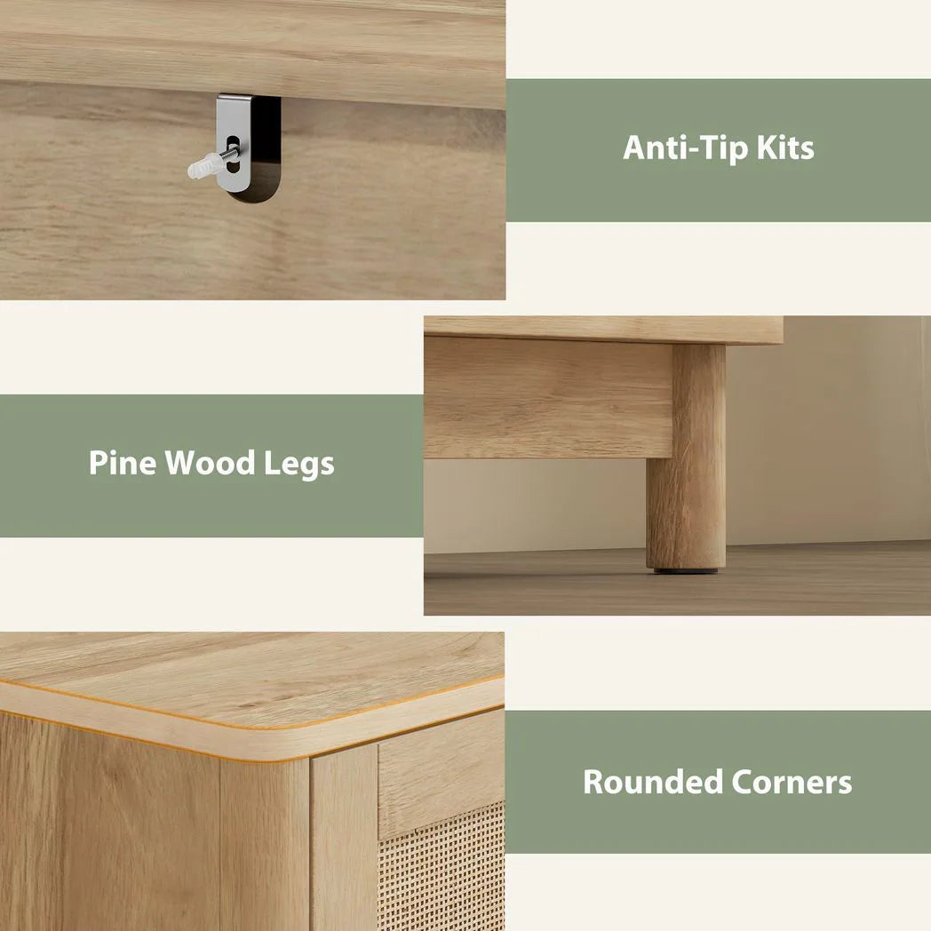 HOMCOM 3 Drawer Chest of Drawers, 40cm Bohemian Rattan Bedroom Dresser with Anti-Tip Kit – Oak