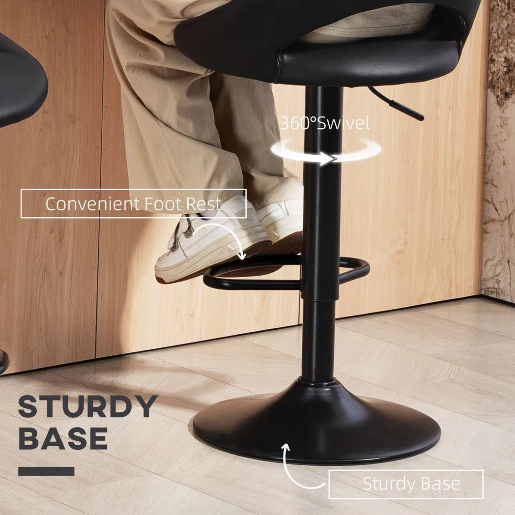 HOMCOM Set of 2 Faux Leather Bar Stools with Padded Seat and 360° Swivel – Adjustable Height, Black