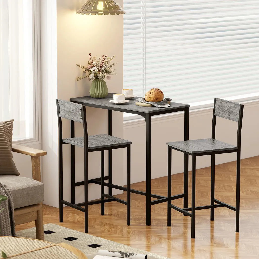 HOMCOM 3-Piece Industrial Bar Table Set with 2 Stools, Backrest and Footrest – Space-Saving, Charcoal Grey