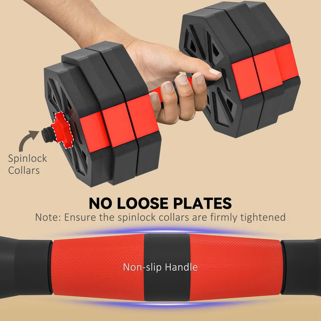 SPORTNOW 6-in-1 Adjustable Dumbbell Set, 30kg – Converts to Kettlebell, Barbell & Push-Up Stand for Home Gym, Red