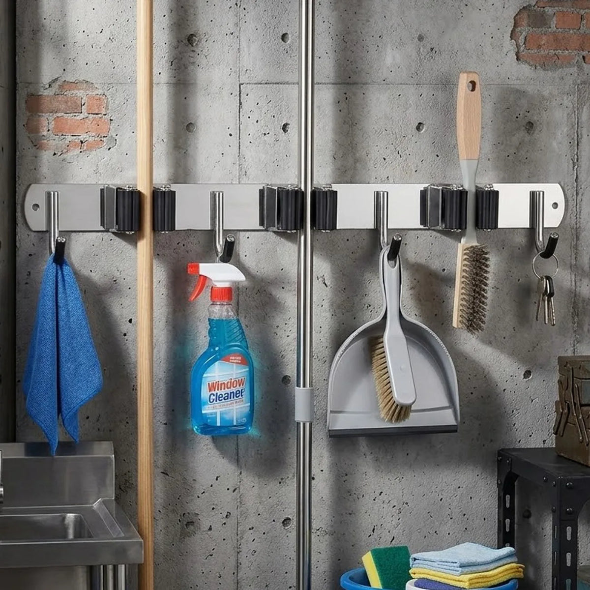 15 Inch Wall Mount Broom and Mop Holder, 3 Racks and 4 Hooks – Stainless Steel Garage Organiser