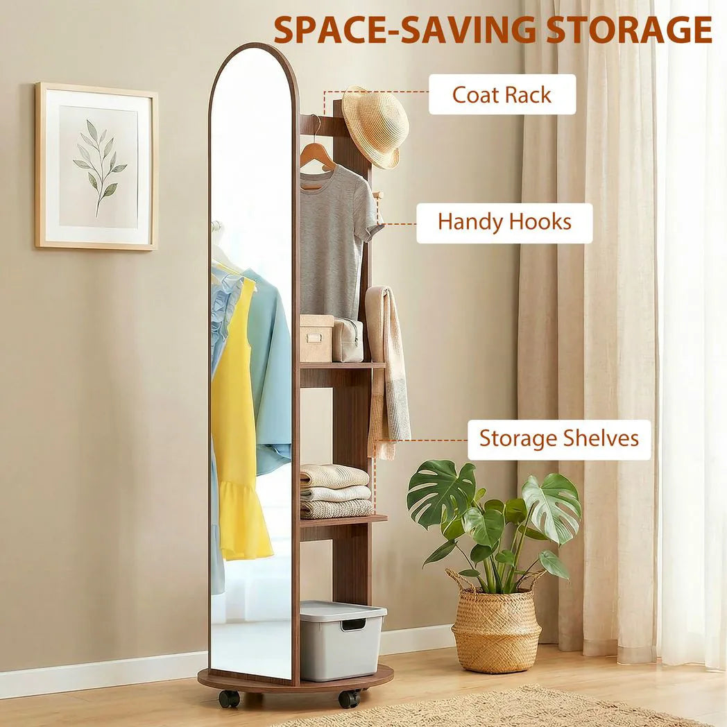 HOMCOM 2-in-1 Full Length Mirror with Storage Shelves, Floor Mirror with 4 Wheels, Coat Rack, Hooks