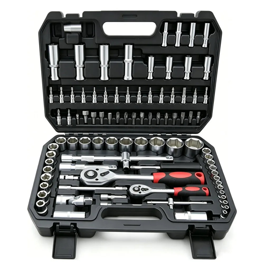 94-Piece Socket Set with 1/2" and 1/4" Drive Ratchets, Bits and Extension Bars – Chrome-Vanadium Kit
