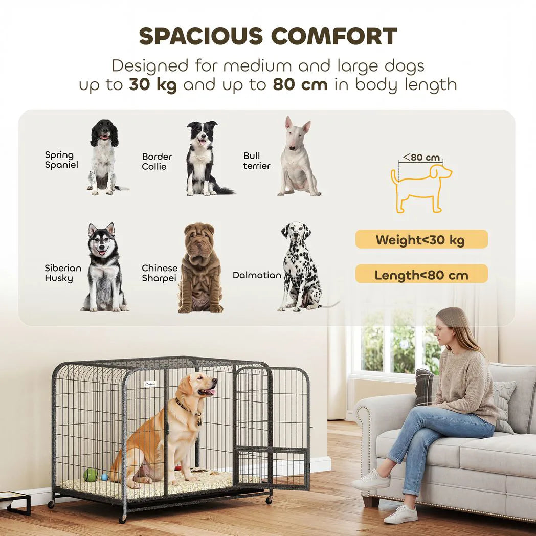 PawHut Heavy-Duty Dog Crate with Triple Doors, Removable Tray and Wheels – 116 x 77 x 88 cm, Small to Large Breeds