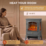 HOMCOM 1000/2000W Electric Fireplace Stove with 3D Flame Log and Thermostat – Freestanding Heater, Grey
