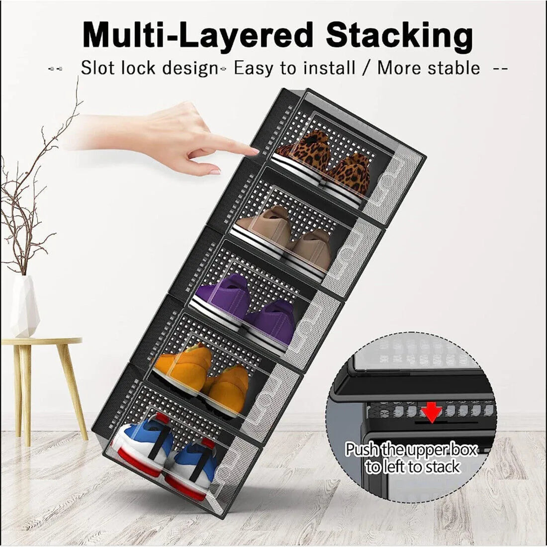 Set of 12 Stackable Clear-Door Shoe Boxes, Plastic Storage Bins, 33 x 23 x 14cm, Black