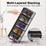 Set of 12 Stackable Clear-Door Shoe Boxes, Plastic Storage Bins, 33 x 23 x 14cm, Black