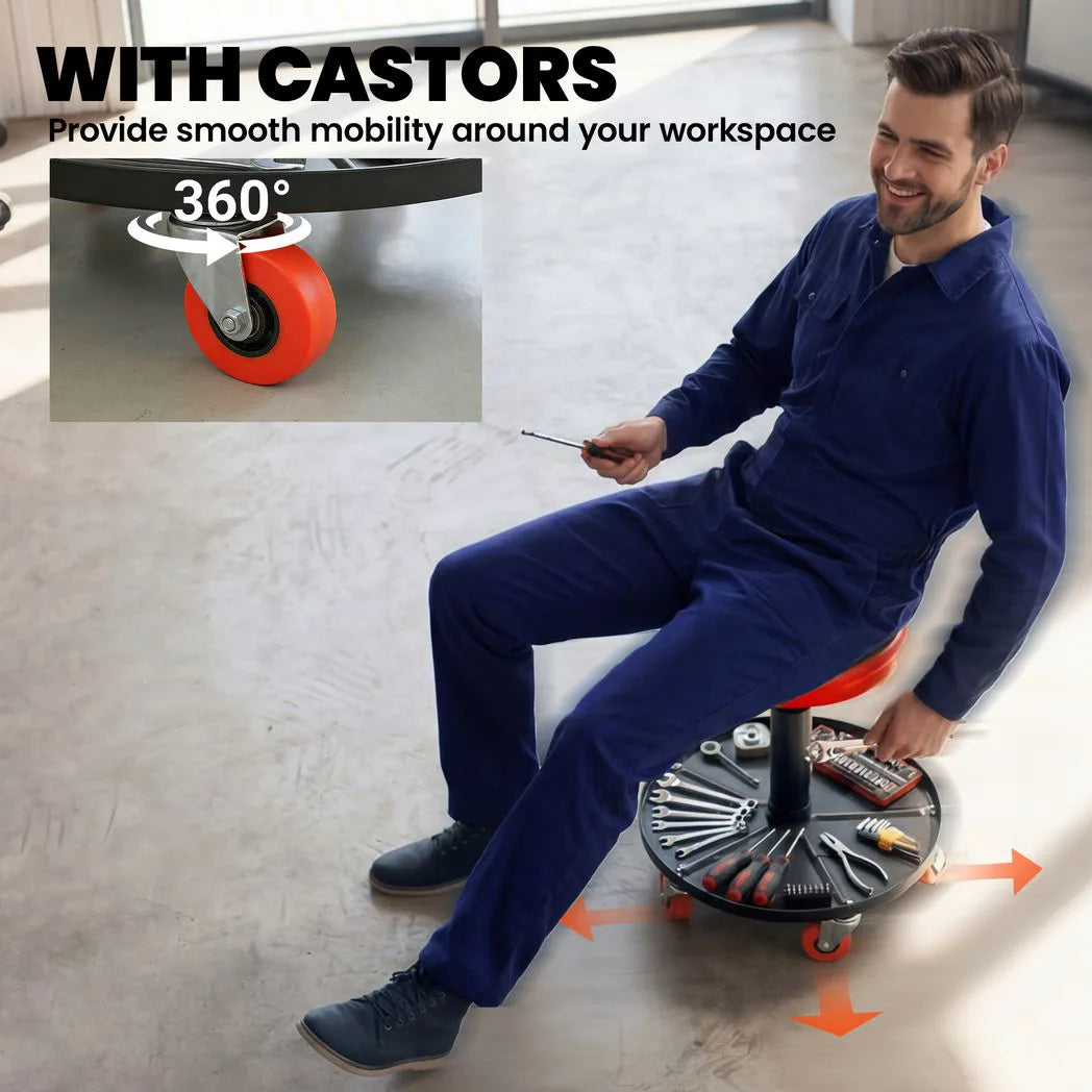 HOMCOM Rolling Mechanic Stool with Tool Tray and Wheels, Height Adjustable 38–48 cm – Workshop Seat, Orange