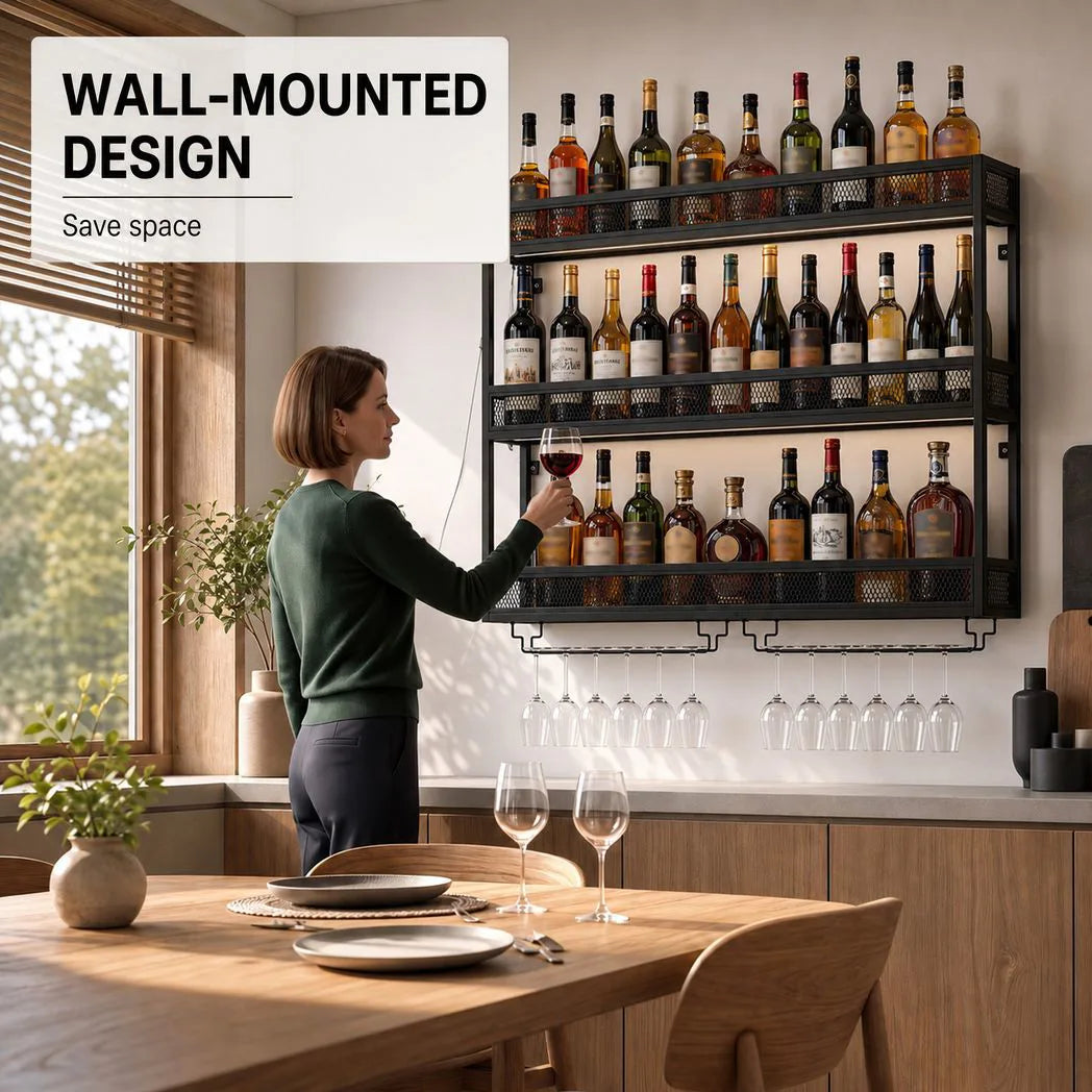 HOMCOM Wall-Mounted Wine Rack with LED Lights, Glass Holders and Open Shelf – Black Metal Rack for 36 Bottles