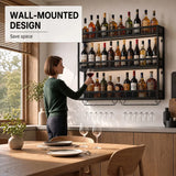 HOMCOM Wall-Mounted Wine Rack with LED Lights, Glass Holders and Open Shelf – Black Metal Rack for 36 Bottles