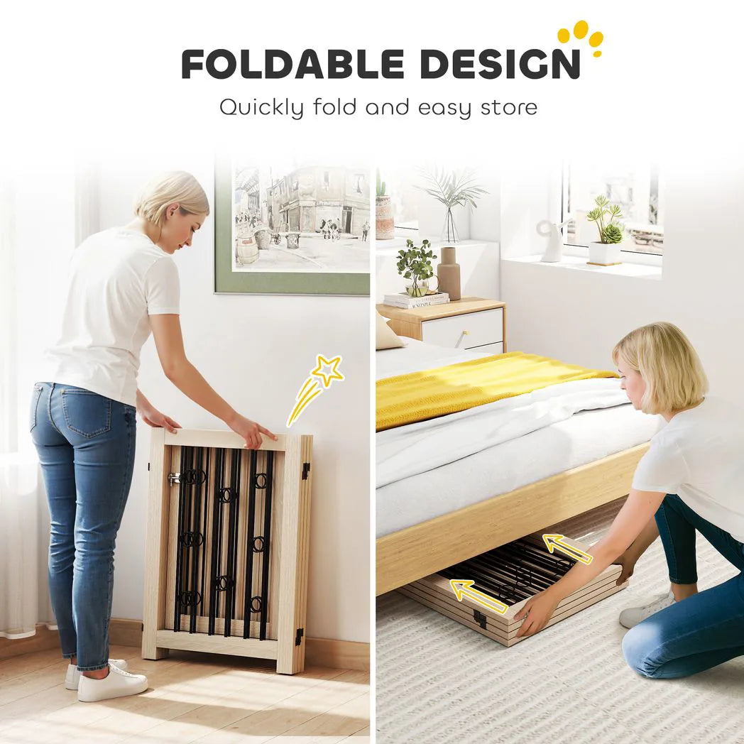 PawHut 4 Panel Freestanding Dog Gate with Lockable Door and Support Feet – Foldable Indoor Barrier, Oak