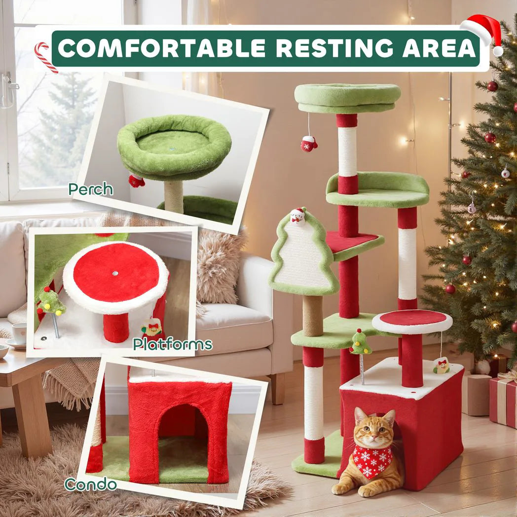 PawHut 120cm Christmas Cat Tree with 3 Scratching Posts, Perches & Hanging Toys – Festive Tower, Green